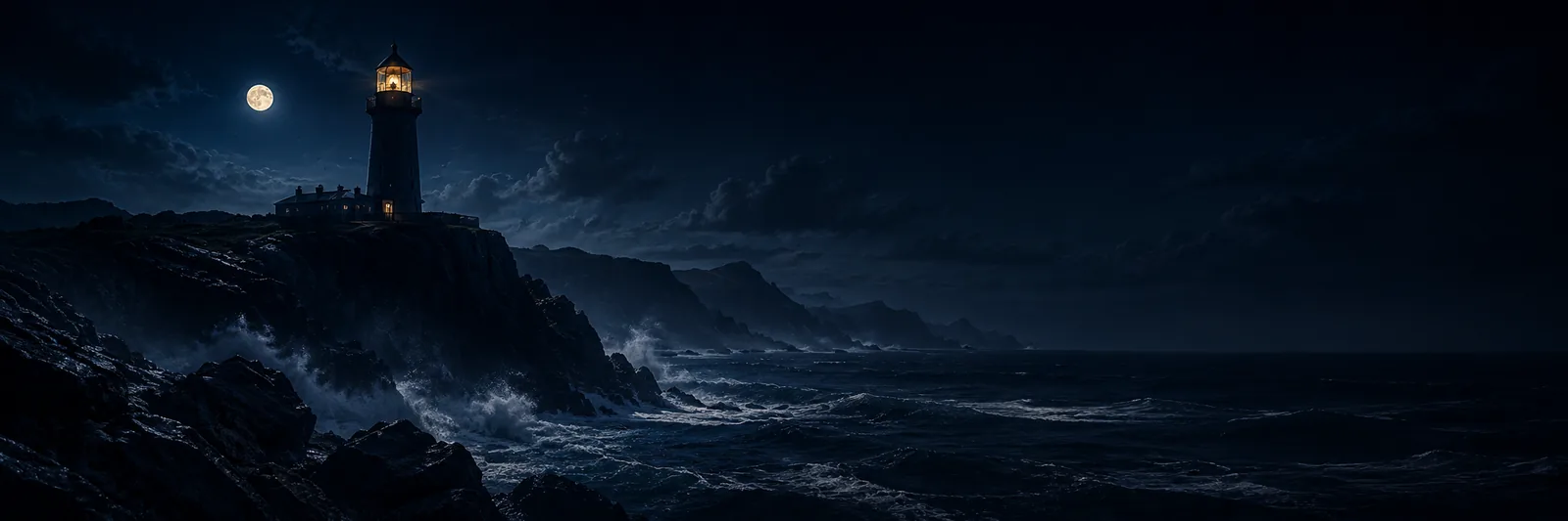 Stormy coastal lighthouse at night